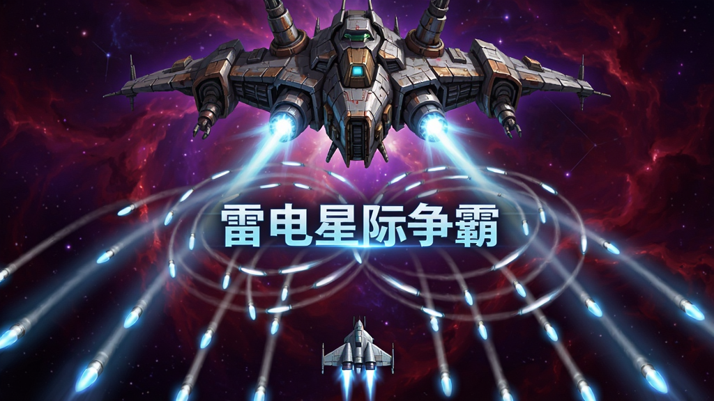 一只巨大的机械Boss飞船占据画面上方,向下方发射环形弹幕,玩家战机在屏幕底部灵活闪避,背景为紫红色星云,画面中间用发光字体写