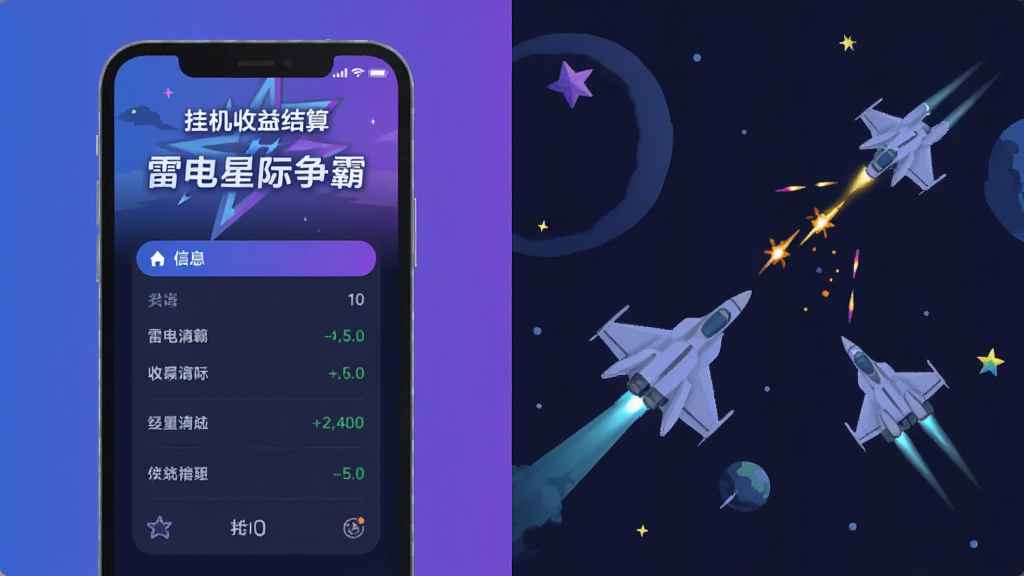 画面分为左右两部分,左侧是手机屏幕显示挂机收益结算界面,右侧是战机在星空中自动战斗的简笔示意,界面中写
