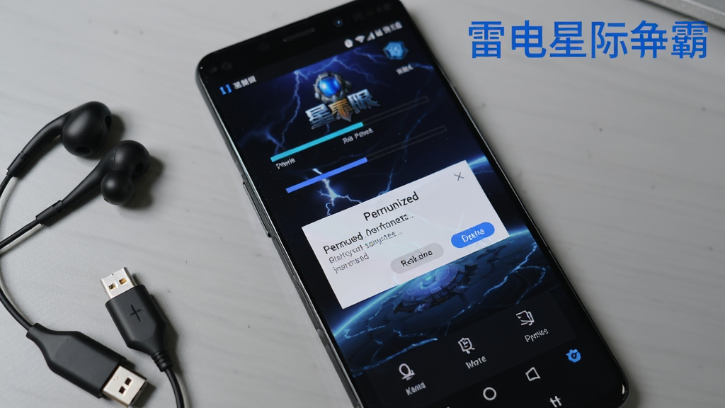一部安卓手机屏幕显示雷电星际争霸的游戏安装界面,屏幕上有进度条和权限请求弹窗,手机旁边放着耳机和充电线,背景为浅灰色桌面,画面右上角用蓝色字体写