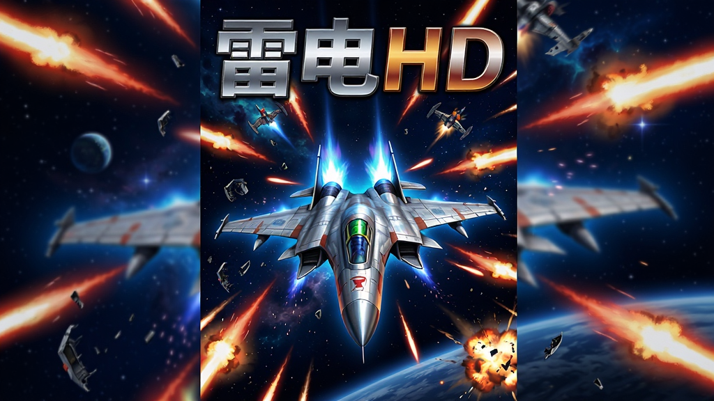 画面主体为一架银色未来战机在深蓝色星空中穿梭,周围布满橙红色弹幕轨迹与爆炸火光,布局采用竖版构图中央为战机主体上下延伸展现射击通道,排版上游戏标题“雷电HD”以金属质感字体置于画面上方,风格为科幻街机射击游戏海报风格,细节包括战机尾焰粒子效果、敌机残骸碎片、星空背景中的星云与远处星球轮廓,画质高清色彩饱和对比强烈画面干净无多余元素