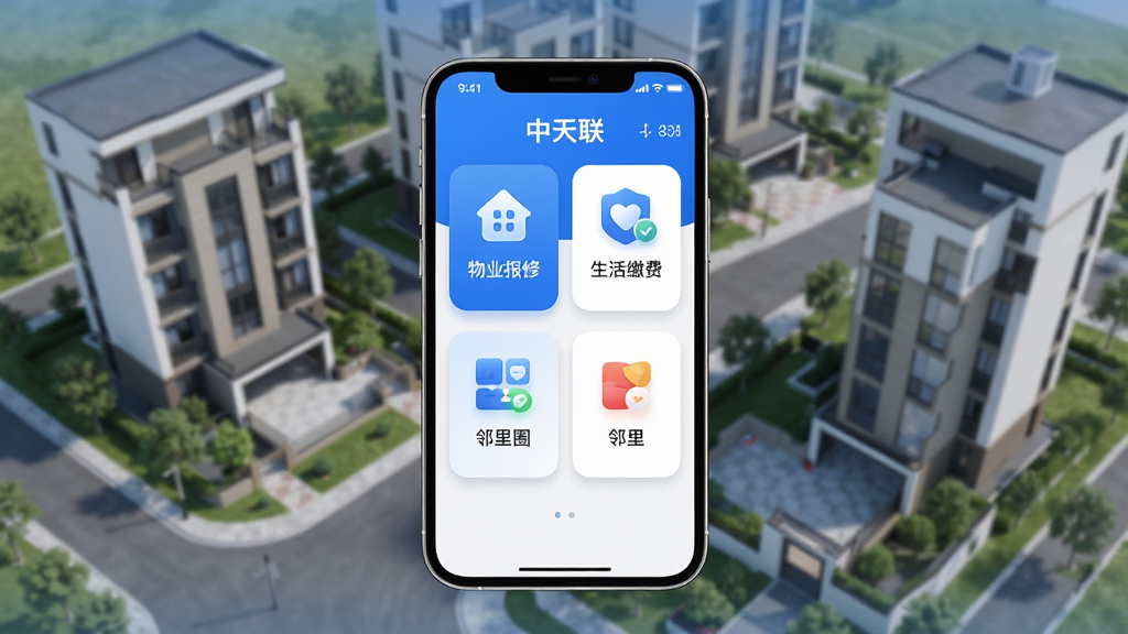 ������ÿ��APP������չʾ������������һ�������ֻ�����Ļ��ʾ���������ܿ�Ƭ��������ҵ���ޡ�����ɷѡ�����Ȧ��ģ�飬����Ϊ�ִ�סլС�����ͼ�����ּ���������Ű����������ɫ������ִ��Ƽ��У�ϸ�ڰ���Բ��ͼ��������Ӱ�����ʸ��壬�ɾ����޶���Ԫ��