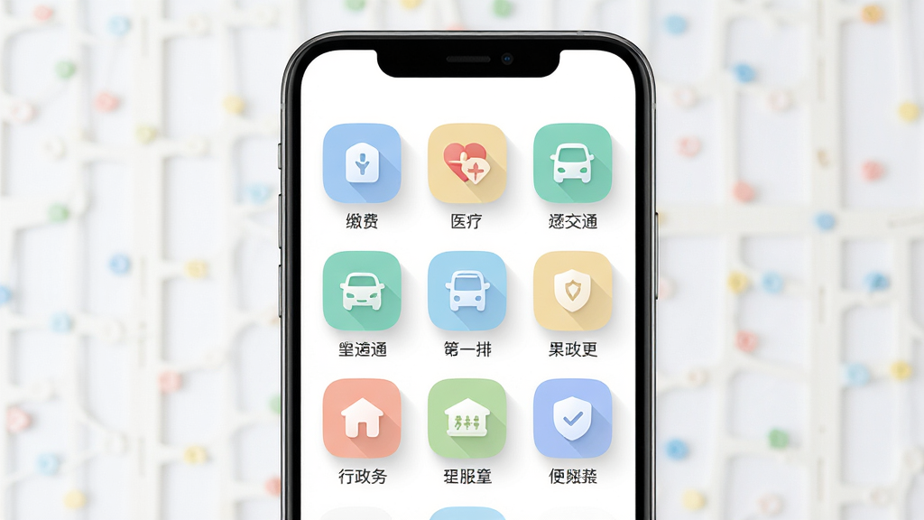 ��¡��APP�������ҳ��չʾ����������Ϊ�ֻ���Ļ����Ļ����ʾ�������ͼ�����񣬰����ɷѡ�ҽ�ơ���ͨ�������ͼ�꣬����Ϊ�Ź������У����Ϊ����ǳɫ��ƽ����ƣ�ϸ�ڰ���Բ��ͼ�ꡢ�����Ӱ����ɫ���������ʸ��壬����ɾ����޶���Ԫ��