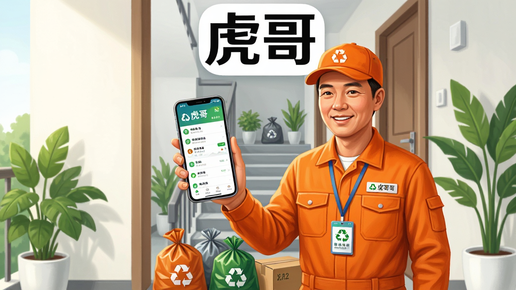 画面主体是一位穿着橙色工作服的回收员站在居民家门口,手持手机打开虎哥APP界面,背景是整洁的居民楼道,布局采用竖版构图,上方是虎哥软件名称“虎哥”的醒目文字,中间是回收员微笑操作手机的特写,下方是分类整齐的回收袋和纸箱,风格为写实插画风,细节包括手机屏幕上的回收订单界面、回收员胸前的工牌、楼道里的绿色植物,画质清晰明亮、干净整洁、无多余元素