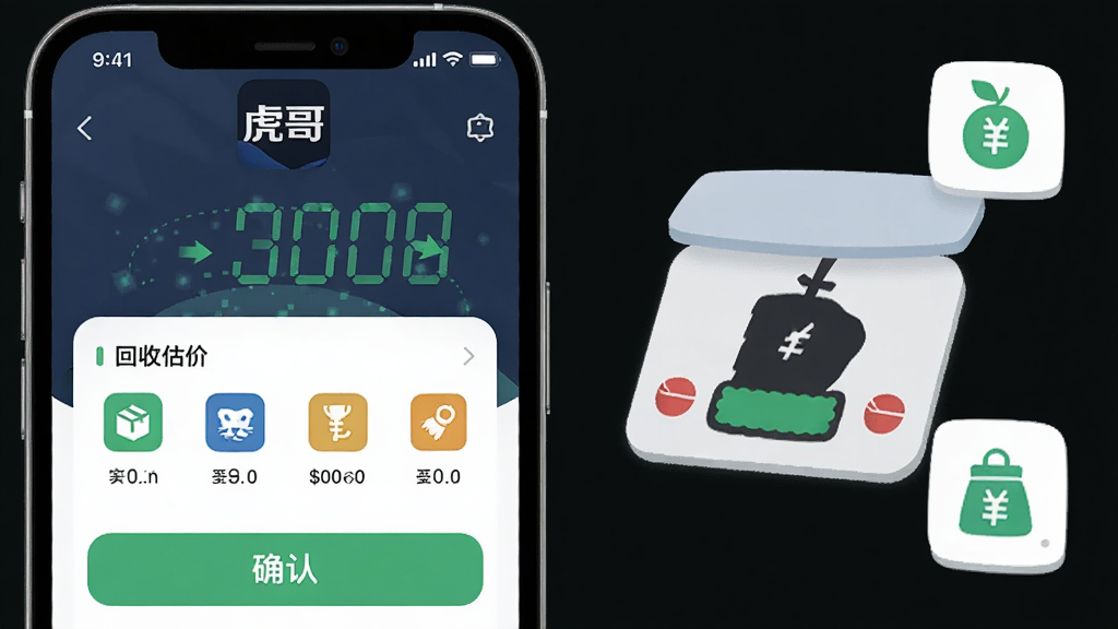 画面主体是一部智能手机屏幕显示虎哥APP的智能估价界面,屏幕上清晰展示“虎哥”软件名称和回收价格明细,布局采用横版构图,左侧是手机特写,右侧是悬浮的电子秤和回收物品图标,风格为扁平化科技风,细节包括界面上的数字跳动动画效果、回收品类图标、确认按钮,画质高清、干净、无多余元素