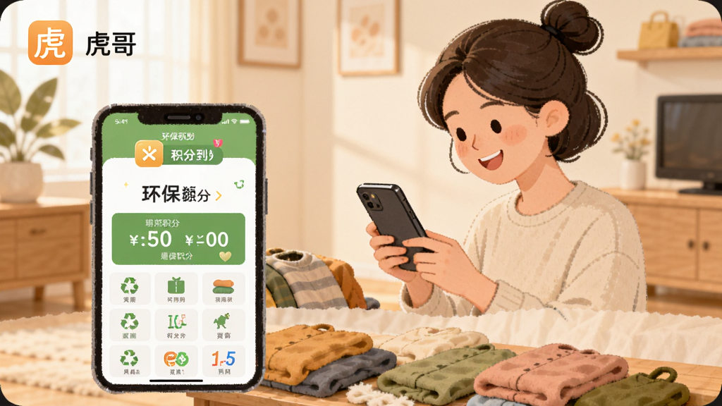 画面主体是一位年轻女性用户在家中整理旧衣物,旁边手机打开虎哥APP显示环保积分到账页面,布局采用竖版构图,上方是虎哥软件名称“虎哥”和积分图标,中间是用户微笑看手机的场景,下方是分类好的回收物品,风格为温馨生活插画风,细节包括手机屏幕上的积分数字、环保小图标、整洁的家居环境,画质柔和清晰、干净、无多余元素