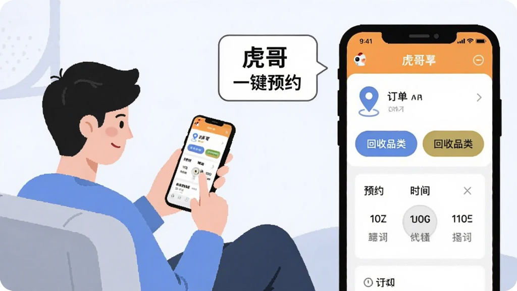 画面主体是一位新手用户坐在沙发上手持手机,手机屏幕显示虎哥APP的订单页面,旁边有提示气泡写着“虎哥”和“一键预约”,布局采用横版构图,左侧是用户操作手机,右侧是放大的APP界面截图,风格为扁平化教程插画风,细节包括界面上的定位图标、回收品类按钮、预约时间选择器,画质清晰、干净、无多余元素