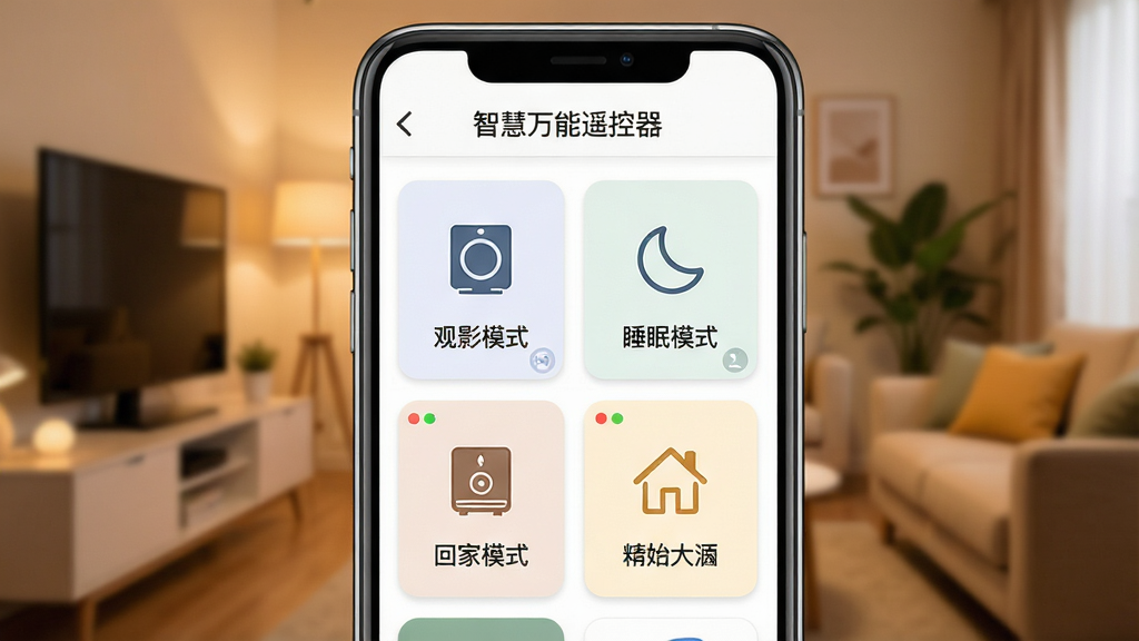 �ǻ�����ң����App����ģʽ�����ͼ����ֻ���Ļ��ʾ����Ӱģʽ����˯��ģʽ�����ؼ�ģʽ���ȿ�Ƭʽ���֣�ÿ����Ƭ���ж�Ӧ�ҵ�ͼ�꣬��Ļ�����С��ǻ�����ң���������֣�����Ϊ��ܰ�Ҿӻ����黯�������������ɾ��޶���Ԫ��