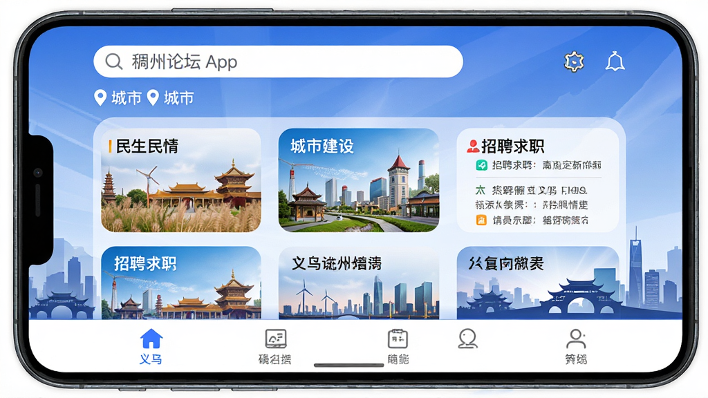 �ֻ���Ļ����ʾ������̳App��ҳ���棬����������������ж�λ���в�Ϊ�������顢���н��衢��Ƹ��ְ�Ȱ�鿨Ƭ���ײ�Ϊ������������Ϊ���ڳ��м�Ӱ�����岼������������ִ���࣬ϸ�ڷḻ�����ʸ��壬�ɾ��޶���Ԫ��