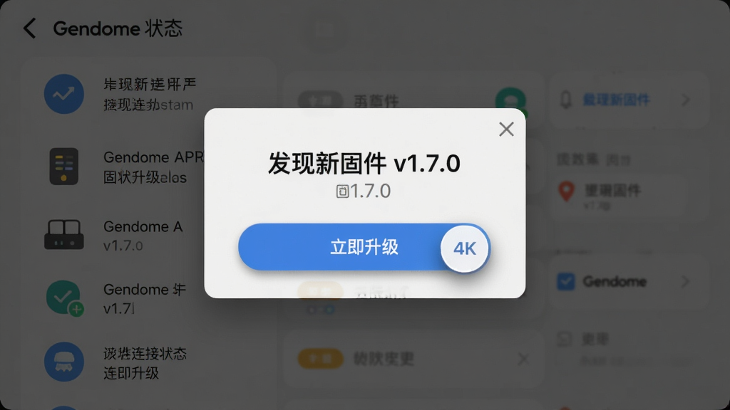 ��������ΪGendome APP�Ĺ̼������������棬��������ʾ�������¹̼� v1.7.0���͡�������������ť���������豸����״̬�б�������Ϊ���е���������ѹ�����������Ϊ�ִ���Լ�磬ϸ��ǿ��������ͶӰ�Ͱ�ť��΢�����ʸУ�����Ϊ4K������ɾ���������Ϣ��