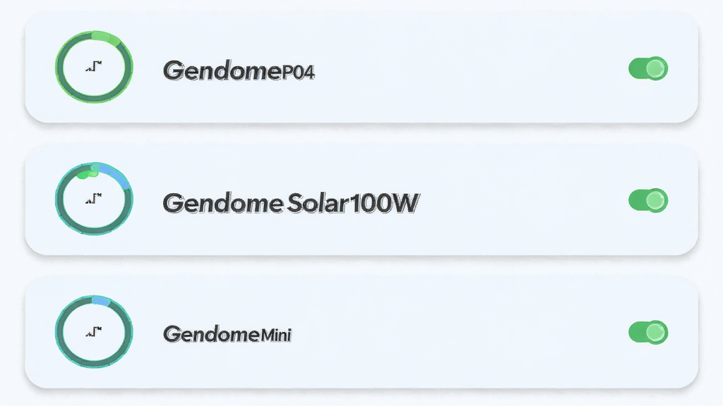 ��������ΪGendome APP���豸�б��������棬��ʾ�����豸��Ƭ��Gendome P04��Gendome Solar 100W��Gendome Mini��ÿ����Ƭ���е�����������״̬ͼ�ꡣ����Ϊ��ֱ�б�����Ƭ���м�ࡣ���Ϊ����ǳɫ���ϸ�ڿ̻���Ƭ��Բ�Ǻ���Ӱ������Ϊ2K������ɾ��޶���װ�Ρ�