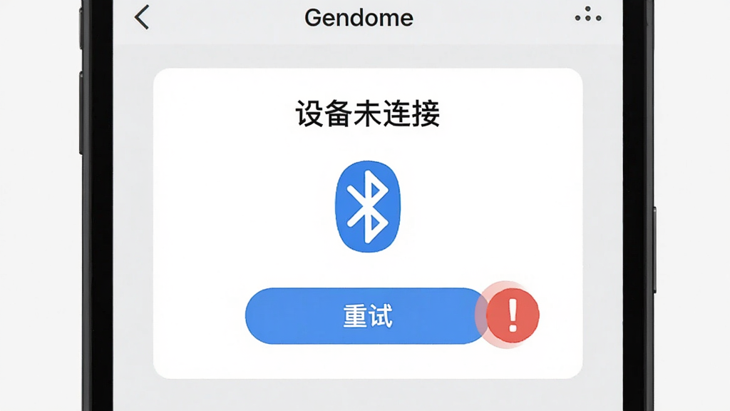 ��������Ϊ�ֻ���Ļ��ʾGendome APP�ġ��豸δ���ӡ�������ʾҳ�棬ҳ��������һ������ͼ��͡����ԡ���ť���Ա��к�ɫ��̾�š�����Ϊ������ʾ������Ϊǳ��ɫ�����Ϊ��ƽ��������ϸ��ͻ��������ʾ��ͼ������֣�����Ϊ1080P������ɾ��޶���Ԫ�ء�
