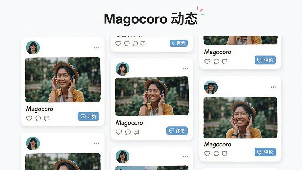Magocoro ��̬�㳡ҳ�棬�������⡰Magocoro ��̬�����·�Ϊ�ٲ�����Ƭ���֣�ÿ�ſ�Ƭ�����û�ͷ��ͼƬ�������������Ű�������£�����������죬ϸ�ڰ�������ͼ�������۰�ť�����ʸ��壬�ɾ����޶���Ԫ��