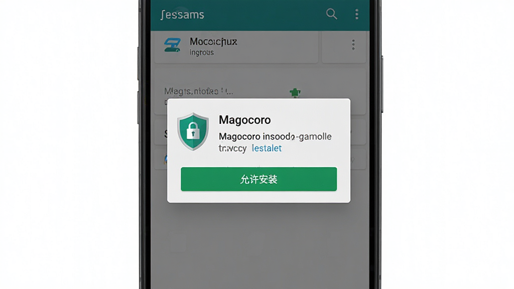 Magocoro ��׿�ֻ���װȨ�����ý��棬����չʾ�ֻ���Ļ�롰Magocoro����װ��ʾ���������־��У��Ű����������дʵ�Ƽ��磬ϸ�ڰ�����������װ����ť�밲ȫ����ͼ�꣬���ʸ��壬�ɾ����޶���Ԫ��
