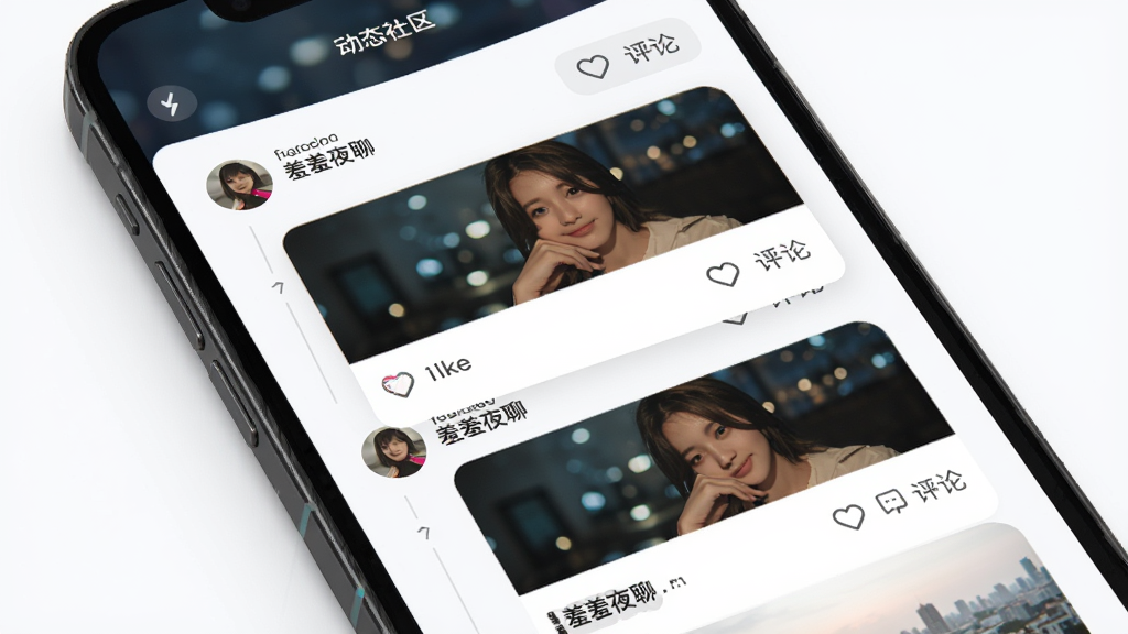 ����ҹ�� ��̬�������棬����Ϊ�ֻ���Ļչʾ�ٲ�����̬�б�������Ϊ����ͼ�Ŀ�Ƭ��ֱ���У��Ű�������£����Ϊ�����罻�磬ϸ�ڰ����û�ͷ�񡢵��ް�ť������ͼ�꣬���ʸ��壬�ɾ����޶���Ԫ��