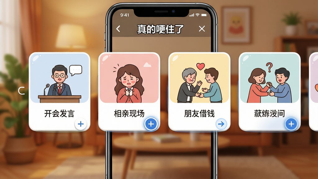 一幅展示“真的哽住了”软件内多个场景选择界面的生图。主体是一个横向滚动的卡片列表,每张卡片代表一个尴尬场景,如“开会发言”、“相亲现场”、“朋友借钱”等,卡片上有卡通插画和简短文字。布局为手机屏幕居中,背景是温馨的室内环境虚化。排版采用卡片式设计,风格为扁平化卡通。细节包括卡片上的高光效果和选中状态。画质清晰,画面干净,无多余元素。