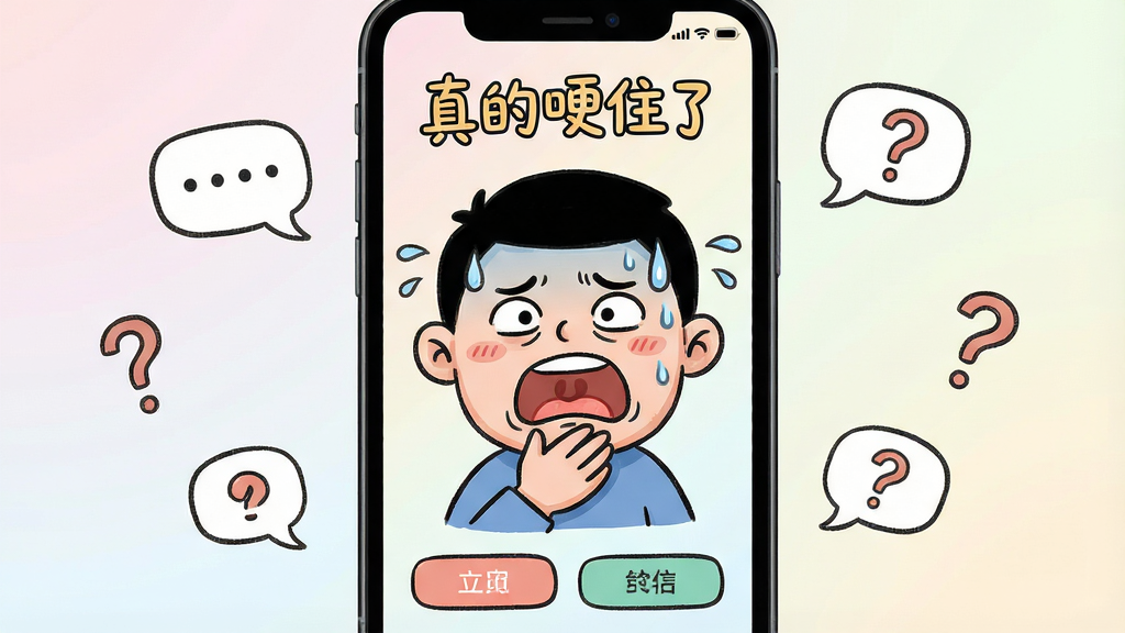 一张展示“真的哽住了”软件核心界面的生图。主体是一部智能手机,屏幕上显示着夸张的卡通人物表情,人物嘴巴微张、额头冒汗,表现出无语和哽住的神态。布局为手机居中,背景是柔和的浅色渐变,周围散落着气泡对话框和问号图标。排版简洁,风格为卡通手绘风,细节包括屏幕上的“真的哽住了”艺术字标题和几个功能按钮。画质高清,画面干净,无多余元素。