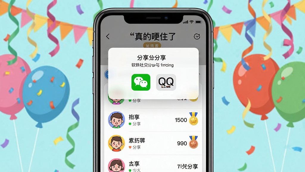 一幅展示“真的哽住了”软件社交分享与排行榜界面的生图。主体是手机屏幕,屏幕上显示一个分享弹窗和排行榜列表,排行榜上有卡通头像和分数。布局为手机居中,背景是派对彩带和气球。排版清晰,风格为活泼卡通。细节包括分享按钮上的微信和QQ图标,以及排行榜上的金银铜牌。画质清晰,画面干净,无多余元素。