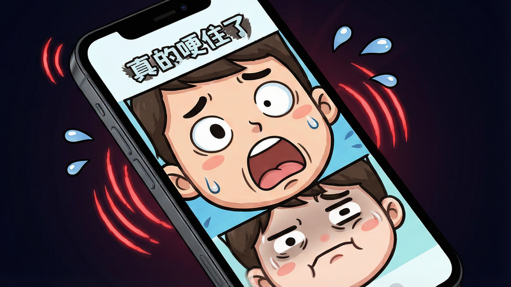 一张表现“真的哽住了”软件互动反馈功能的生图。主体是手机屏幕特写,屏幕上显示一个卡通人物脸部特写,表情从平静变为震惊再到无语,屏幕边缘有红色震动波纹和汗滴特效。布局为手机斜放,背景是深色渐变以突出屏幕内容。排版强调动态感,风格为夸张漫画风。细节包括屏幕上的“真的哽住了”文字和震动线条。画质高清,画面干净,无多余元素。