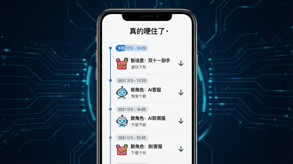 一张表现“真的哽住了”软件更新内容库的生图。主体是一个时间轴或更新日志界面,上面标注着“新场景:双十一剁手”、“新角色:AI客服”等字样,旁边有对应的卡通图标。布局为手机屏幕居中,背景是科技感线条。排版为纵向列表,风格为现代简约。细节包括更新日期标签和下载箭头。画质清晰,画面干净,无多余元素。