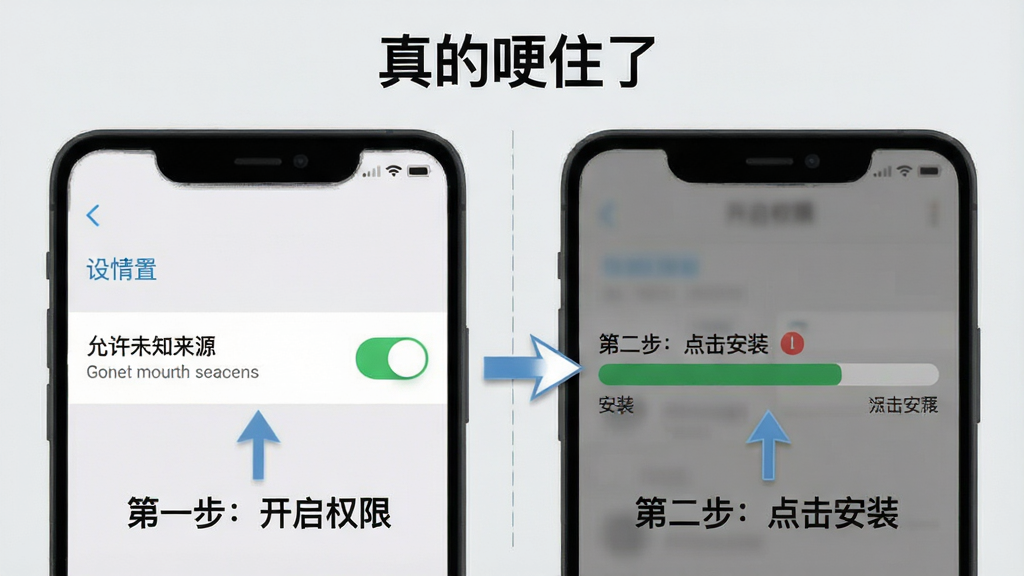 一张展示“真的哽住了”软件安装步骤的示意图,主体是手机屏幕分屏显示,左边是设置中的“允许未知来源”开关,右边是安装进度条。布局为左右对比,背景是浅灰色。排版清晰,风格为扁平化教学图示。细节包括箭头指示和文字标注“第一步:开启权限”、“第二步:点击安装”。画质清晰,画面干净,无多余元素。