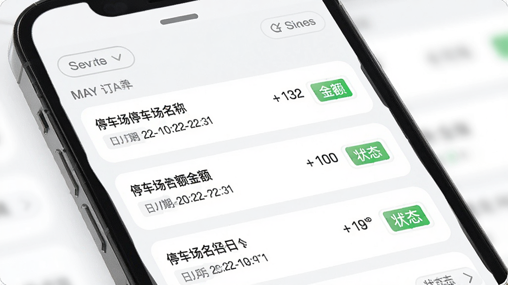 ǧ��ͣ��APPͣ����¼��������չʾͼ������Ϊ�ֻ���Ļ��ʾ��ʷ�����б���ÿ����¼����ͣ�������ơ����ڡ���״̬��ǩ������Ϊ�����б��ṹ�����Ϊ��ˬǳɫ�磬ϸ�ڰ���ɸѡ��ť���·ݷ��顢����״̬��ɫ���֣����ʸ��壬�ɾ��޶���Ԫ�ء�