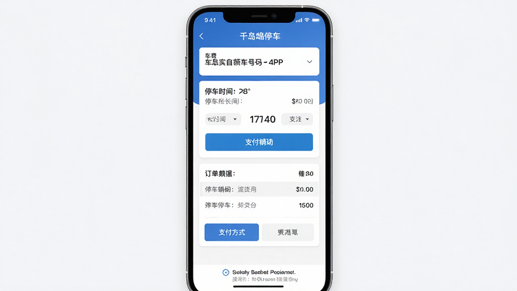 ǧ��ͣ��APP�����ɷ�ҳ��չʾͼ������Ϊ�ֻ���Ļ��ʾ�ɷ�ȷ�Ͻ��棬�������ƺ��롢ͣ��ʱ����Ӧ����֧����ʽѡ���ģ�飬����Ϊ�������еĿ�Ƭʽ��ƣ����Ϊ�ִ������Լ�磬ϸ�ڰ���֧����ť������������ϸ�б����ײ���ȫ��ʾ�����ʸ��壬�ɾ��޶���Ԫ�ء�