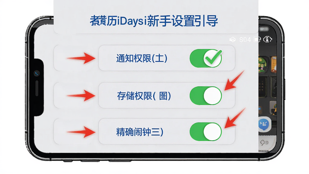 �ϻ���iDays���������������棬����Ϊ�ֻ���Ļ��ͼ���������ʾȨ�޿�������ͼʾ������֪ͨȨ�ޡ��洢Ȩ�ޡ���ȷ�����������ذ�ť��ÿ����ť������ɫ�Թ���ǣ�����Ϊǳ��ɫ�����Ϊ���̳��Ű棬ϸ�ڰ�����ɫ��ͷָʾ����ɫ����˵�����ֻ��߿����������ʸ��壬����ɾ����޶���Ԫ��