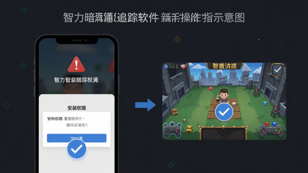 智力暗涌追踪软件新手操作指引示意图,画面展示手机屏幕中安装权限设置界面与游戏主界面切换过程,带有红色警示图标和蓝色对勾图标,深色背景,扁平化设计风格,细节清晰,画质干净,无多余元素