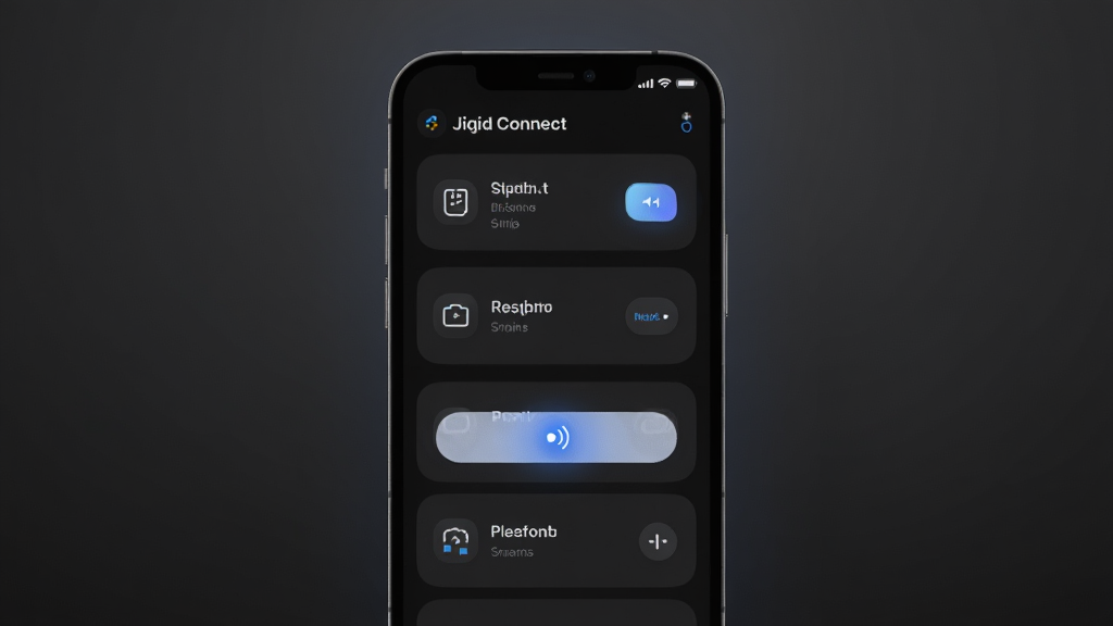 Jiqid Connect�����������չʾͼ����������ʾ��ɫģʽ�µ��豸�б���Ƭ����ƬԲ����ͣ�ͼ��������࣬����Ϊ�ֻ���Ļ�����ӽǣ����ΪUI���չʾ��ϸ�����������Ӱ�ť��΢����Ч������������������Ϊ���ɫ����