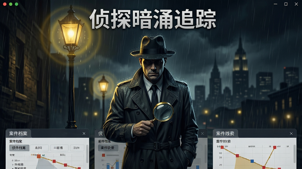 侦探暗涌追踪软件主界面,主体为一位穿深色风衣的侦探站在雨夜街灯下,布局采用中央对称构图,上方是软件名称