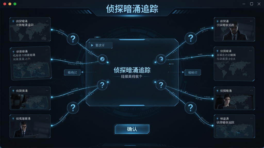 侦探暗涌追踪线索推演面板,主体为侦探暗涌追踪软件中的线索拖拽组合界面,布局为中央推演区域、四周环绕线索卡片,排版呈放射状连接线,风格为科技感暗色界面配冷蓝色高光,细节包括连接线、问号图标、确认按钮、