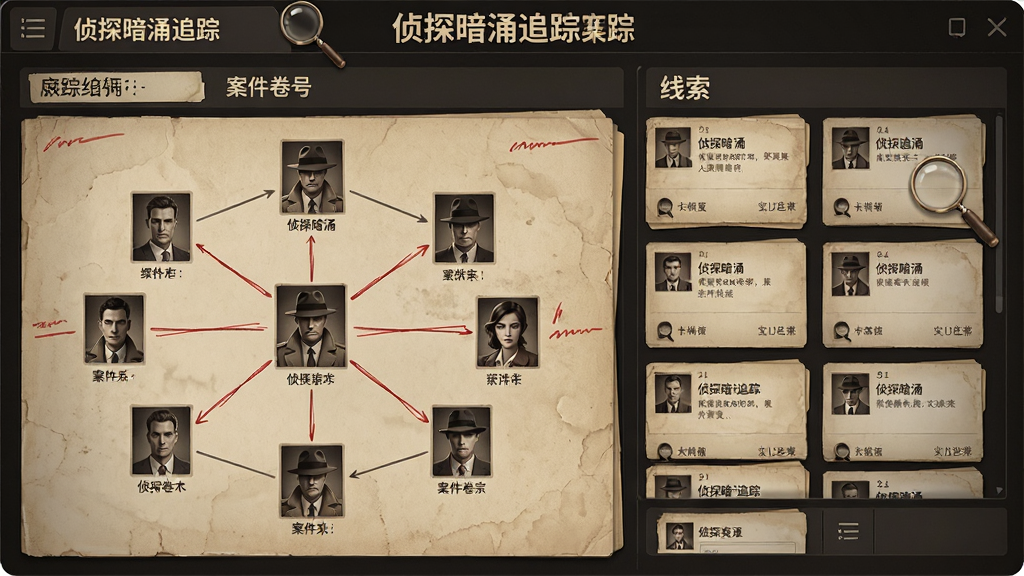 侦探暗涌追踪案件档案界面,主体为侦探暗涌追踪软件中的案件卷宗页面,布局为左侧人物关系图、右侧线索卡片列表,排版采用模块化网格,风格为复古纸质档案与暗色调结合,细节包括红色标记线、放大镜图标、档案编号、