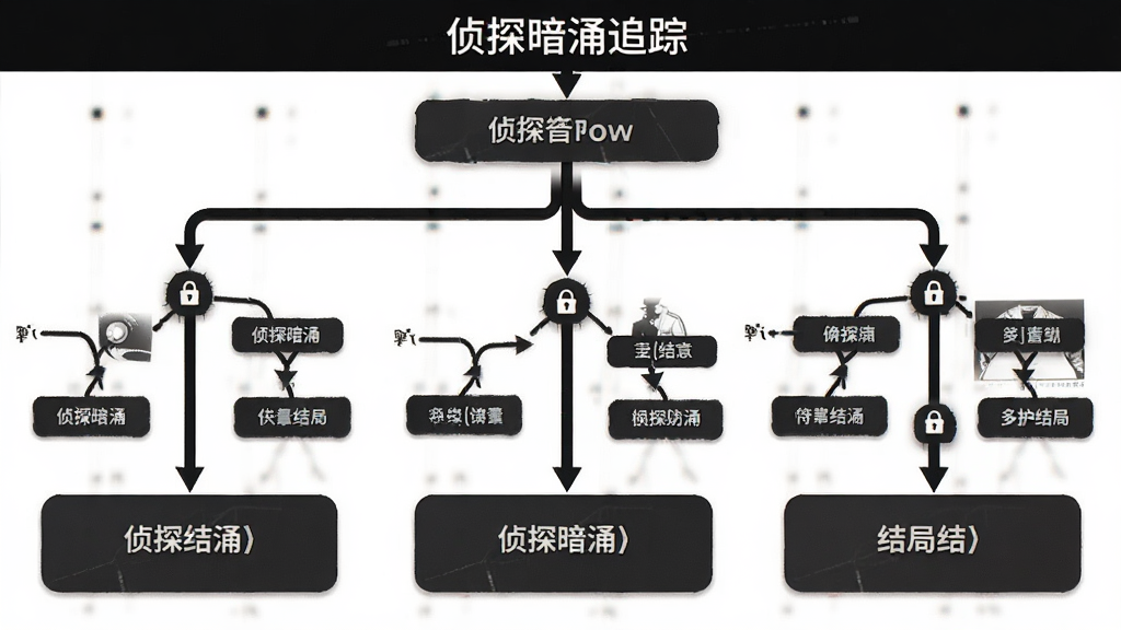 侦探暗涌追踪多结局分支图,主体为侦探暗涌追踪软件中的剧情分支树状图,布局为从上至下三个结局节点,排版采用树形结构,风格为简约暗色信息图,细节包括分支箭头、锁形图标、结局标签、