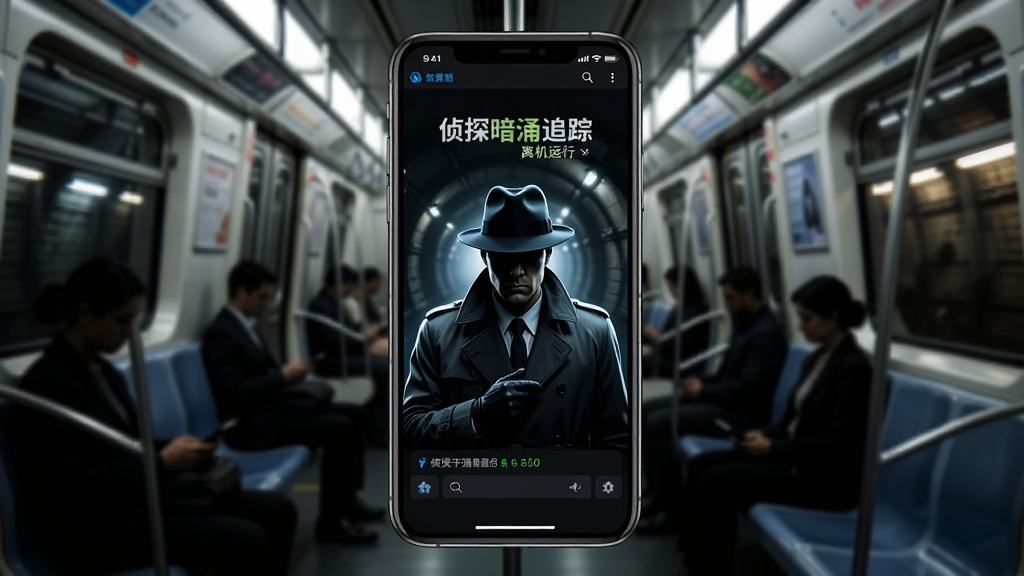 侦探暗涌追踪离线运行场景,主体为侦探暗涌追踪软件在手机屏幕上显示单机运行状态,布局为手机居中、背景为地铁车厢,排版简洁,风格为生活写实风,细节包括手机屏幕亮起、侦探暗涌追踪界面、乘客剪影、窗外隧道灯光,画质高清,干净,无多余元素