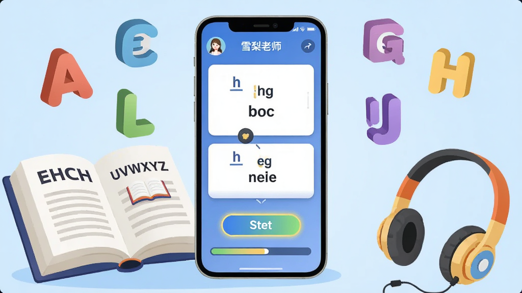 һ��չʾӢ��ѧϰ�����ĺ��廭�������������һ�������ֻ����ֻ���Ļ����ʾ��ѩ����ʦ��APP�ĵ���ƴ�����棬��������������ź͵��ʿ�Ƭ���ֻ���Χ��������ĸA��Z������ͼ�ꡢһ��������Ӣ��ʵ��һ�������������ǵ���ɫ�Ľ���ǽ�棬���Ϊ��ƽ��ʸ���廭��ϸ�ڰ����ֻ���Ļ�ϵĸ�����ť�ͽ������������������ɾ����޶���Ԫ��