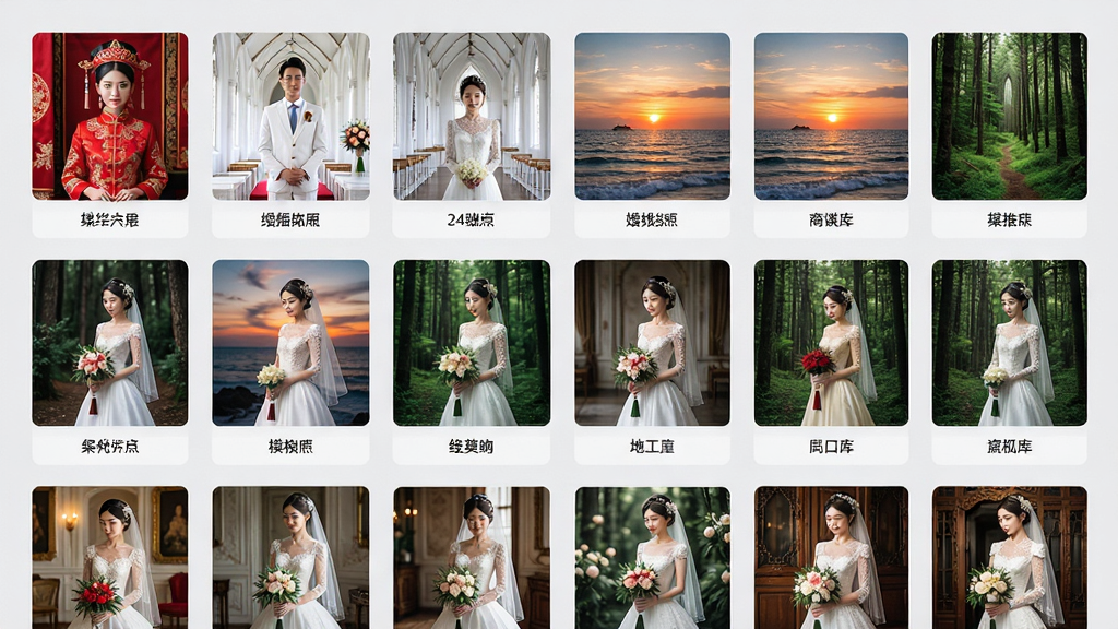 AI��ɴ��Ӧ��չʾģ�����棬���������������Ŷ��Ų�ͬ���Ļ�ɴ������ͼ��������ʽ��ɫ��̡���ɫ���á��������䡢ɭ������ȣ�ÿ������ͼ�·���ע������ƣ�����Ϊǳ��ɫ������������࣬ϸ����ͻ��ģ��Ķ����Ժͷ����ǩ�����ʸ��壬�ɾ����޶���Ԫ��