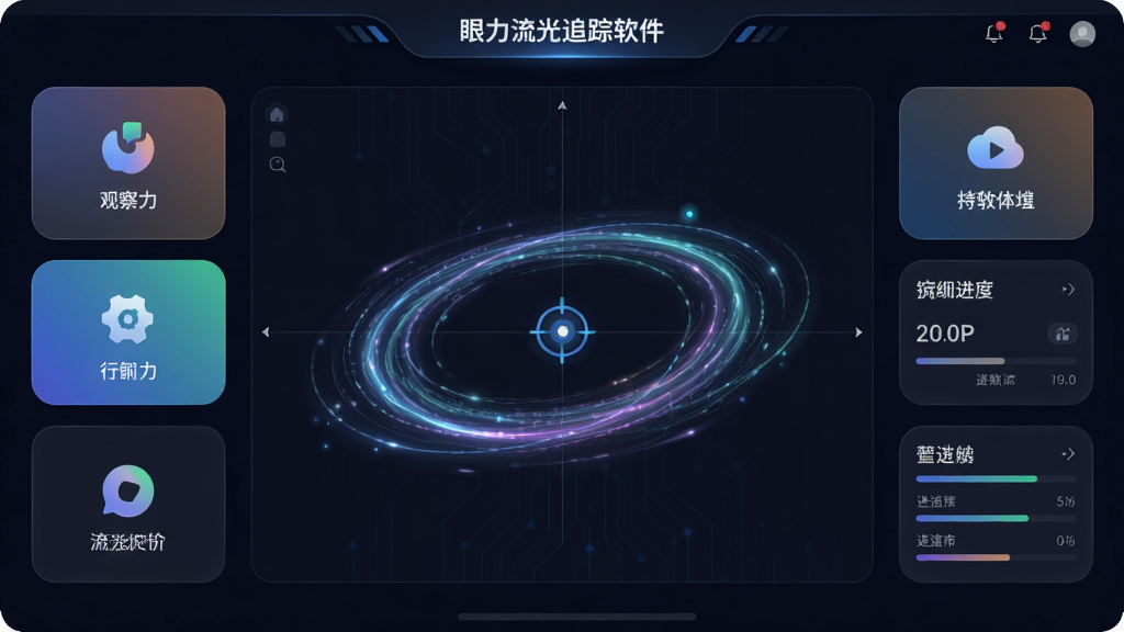 眼力流光追踪软件主界面全貌展示,中央为动态流光轨迹追踪区域,四周环绕观察力训练图标与进度面板,主体突出、布局对称,排版清晰有序,风格为现代科技感UI设计,细节包括渐变光效、圆角卡片、深色背景与高亮目标点,画质高清、干净、无多余元素