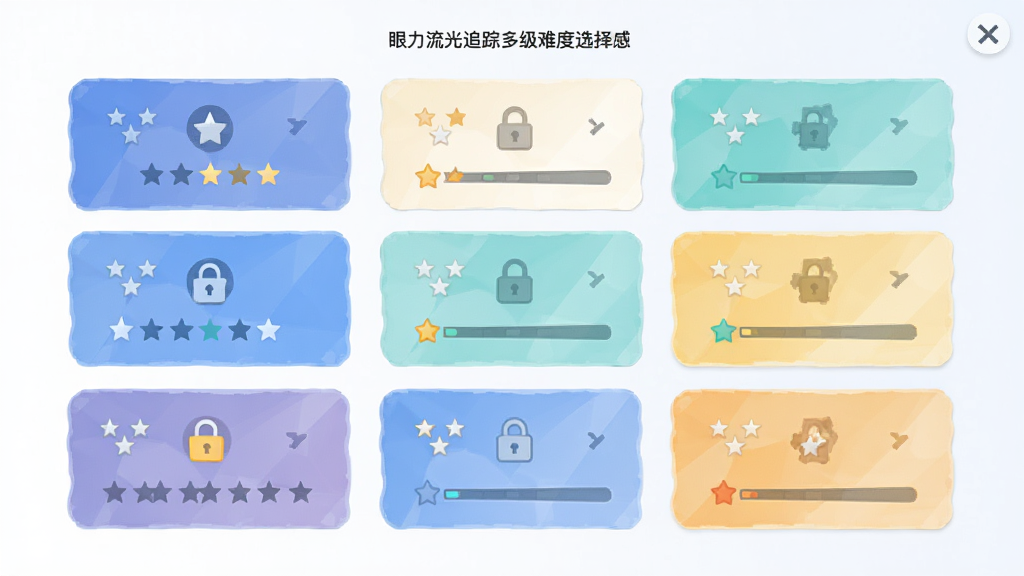 眼力流光追踪多级难度选择界面,主体为难度卡片列表,布局纵向排列,排版整齐,风格为清新扁平化设计,细节包括星级标识、锁定图标、进度条,画质高清、干净、无多余元素