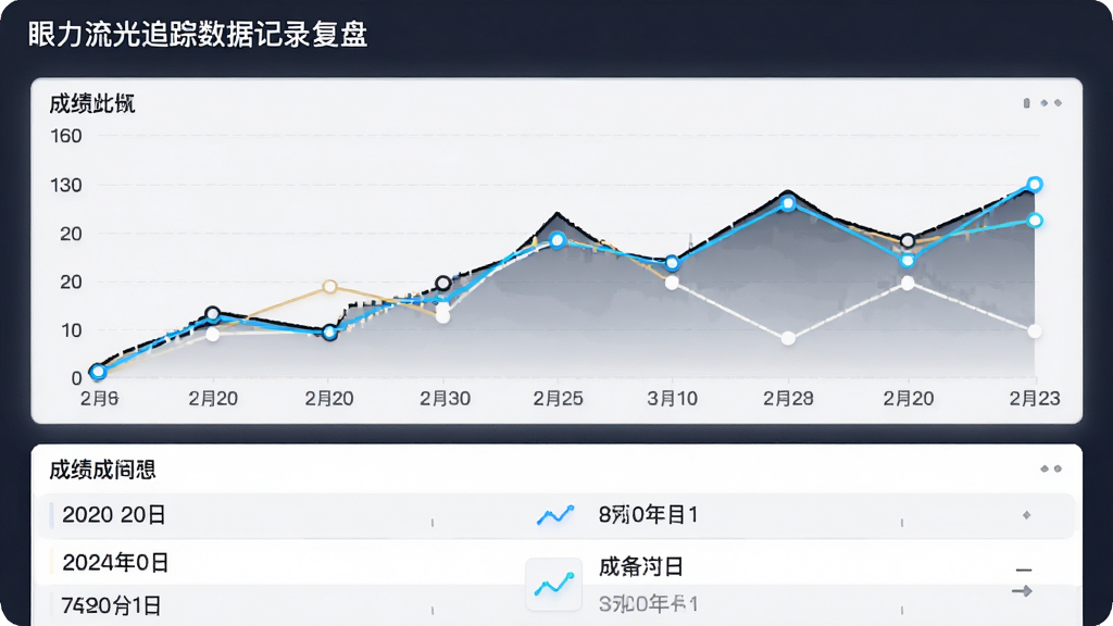 眼力流光追踪数据记录与复盘页面,主体为折线图与成绩列表,布局上下结构,排版清晰,风格为简约商务风,细节包括坐标轴、数据点、日期标签,画质高清、干净、无多余元素