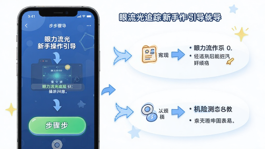 眼力流光追踪新手操作引导页面,主体为手机界面与步骤提示,布局分步展示,排版清晰,风格为友好教学风,细节包括箭头指引、高亮按钮、文字说明,画质高清、干净、无多余元素
