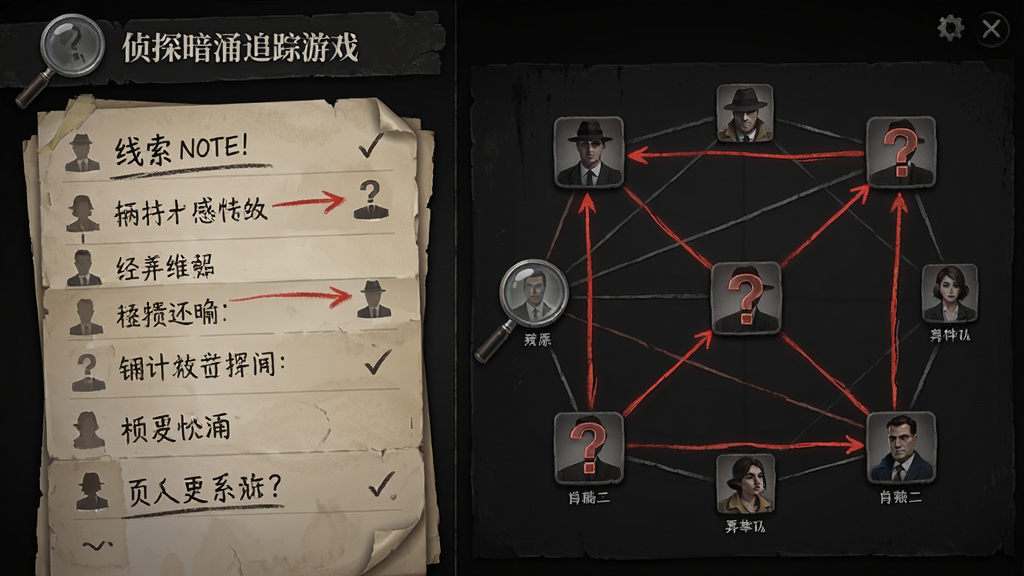 侦探暗涌追踪游戏内案件追踪界面,画面展示侦探笔记与人物关系图,左侧为线索列表,右侧为关系网络连线图,布局采用分栏排版,风格为暗黑悬疑风,细节包含放大镜图标、红色连线、问号标记,画质高清,干净,无多余元素