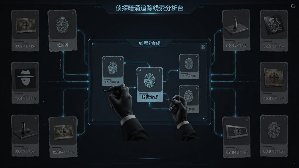 侦探暗涌追踪线索分析台操作界面,画面中央为拖拽式线索合成区域,四周散落着证物卡片,布局采用居中对称排版,风格为科技感暗色调,细节包含发光的连线、指纹图标、时间戳,画质高清,干净,无多余元素