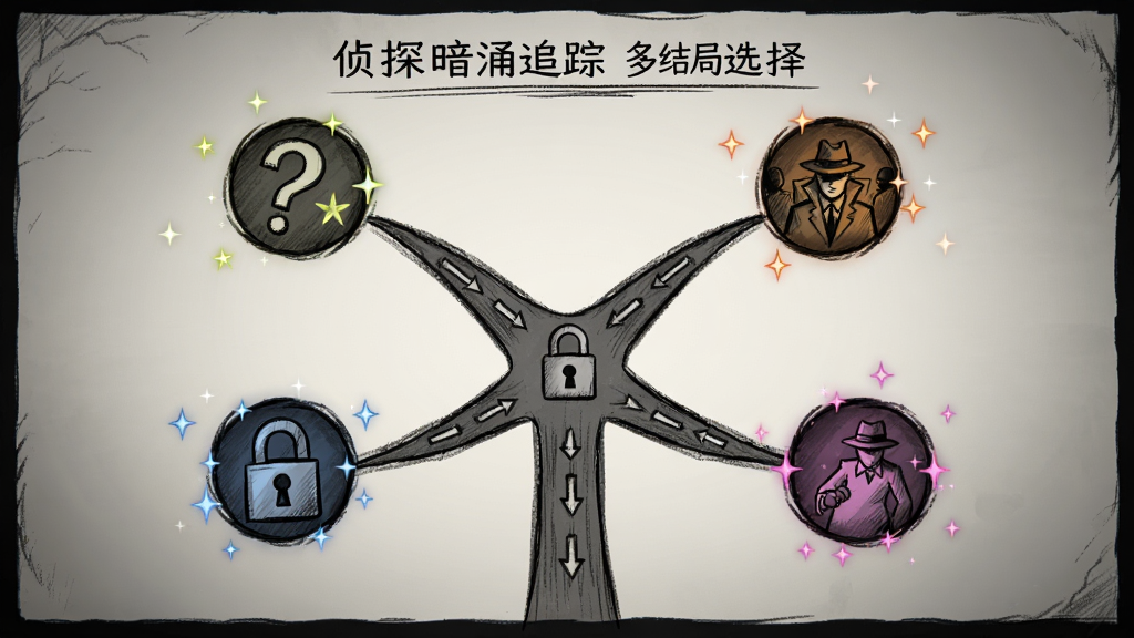 侦探暗涌追踪多结局选择界面,画面展示三叉路口式的剧情分支图,每条分支末端显示不同结局图标,布局采用树状扩散排版,风格为悬疑手绘风,细节包含问号、锁形图标、星光特效,画质高清,干净,无多余元素