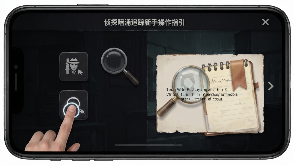侦探暗涌追踪新手操作指引界面,画面展示手机屏幕内游戏主菜单与教程弹窗,布局采用上下分层排版,风格为暗黑悬疑简洁风,细节包含手指点击图标、放大镜、笔记本书签,画质高清,干净,无多余元素