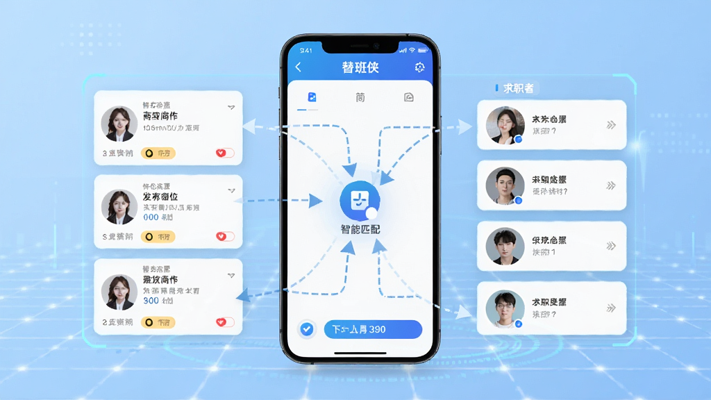һ��չʾ����ƥ�书�ܵ�ͼƬ�����������������APP��ƥ����棬�����ʾ�̼ҷ����ĸ�λ��Ƭ���Ҳ���ʾ��ְ��ͷ���б����м������߼�ͷ���ӣ���������ƥ����̣������ǿƼ���ʮ��ĵ���ɫ���񣬻��������ɾ����޶���Ԫ��