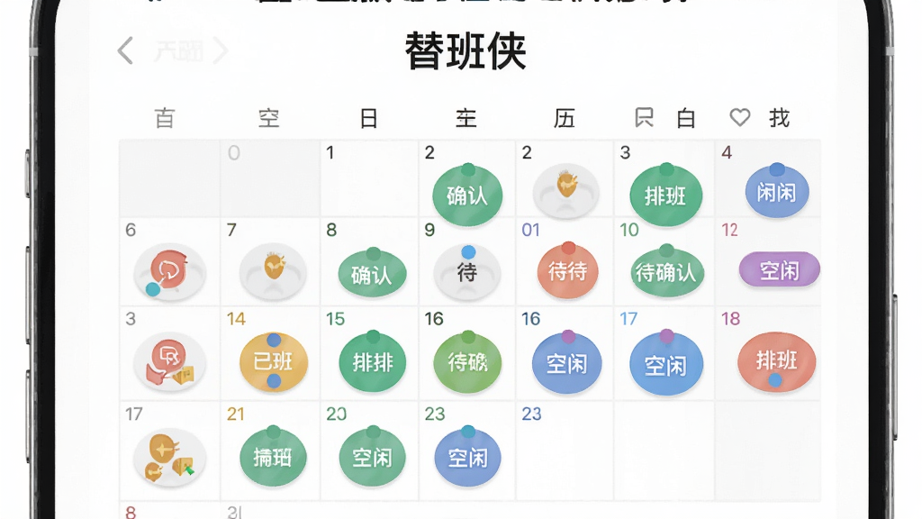 һ��չʾ�Ű��������ܵ�ͼƬ�����������������APP���������棬�����ϱ�ע�Ų�ͬ��ɫ��Բ��������Űࡢ��ȷ�ϺͿ���״̬��������