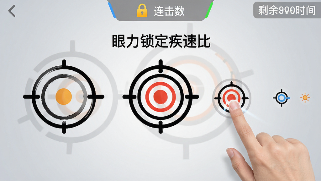 一张展示“眼力锁定疾速比”训练界面的图片,画面中有多个不同大小和速度的移动目标,用户手指正在点击锁定其中一个,屏幕上方显示连击数与剩余时间,背景为浅灰色渐变,风格清爽干净,画质清晰,无多余元素