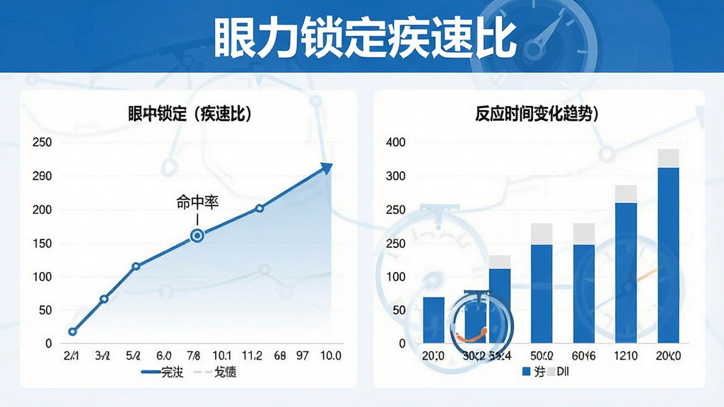 一张展示“眼力锁定疾速比”成绩统计页面的图片,页面中包含折线图与柱状图,展示命中率与反应时间变化趋势,顶部显示“眼力锁定疾速比”字样,整体配色为蓝白商务风格,排版整齐,画质清晰,干净无杂乱元素