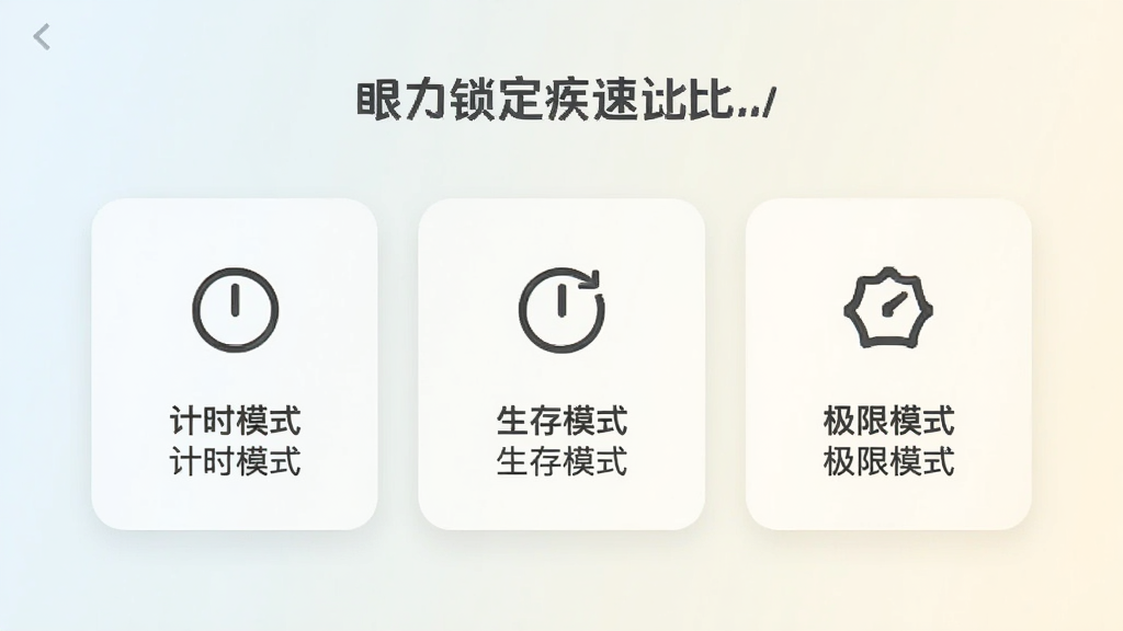 一张展示“眼力锁定疾速比”模式选择界面的图片,界面中排列着计时模式、生存模式、极限模式三个卡片式按钮,每个按钮配有简洁图标与文字说明,背景为柔和浅色,风格清新素雅,画质清晰,干净无多余元素
