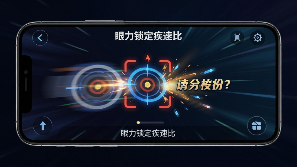 一张展示手机横屏运行“眼力锁定疾速比”的图片,屏幕中高速移动的目标被成功锁定并显示得分特效,画面底部有操作提示文字,背景为深色渐变,整体风格动感科技,画质清晰,干净无多余元素